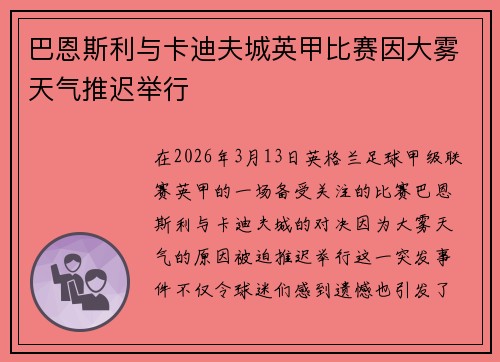 巴恩斯利与卡迪夫城英甲比赛因大雾天气推迟举行